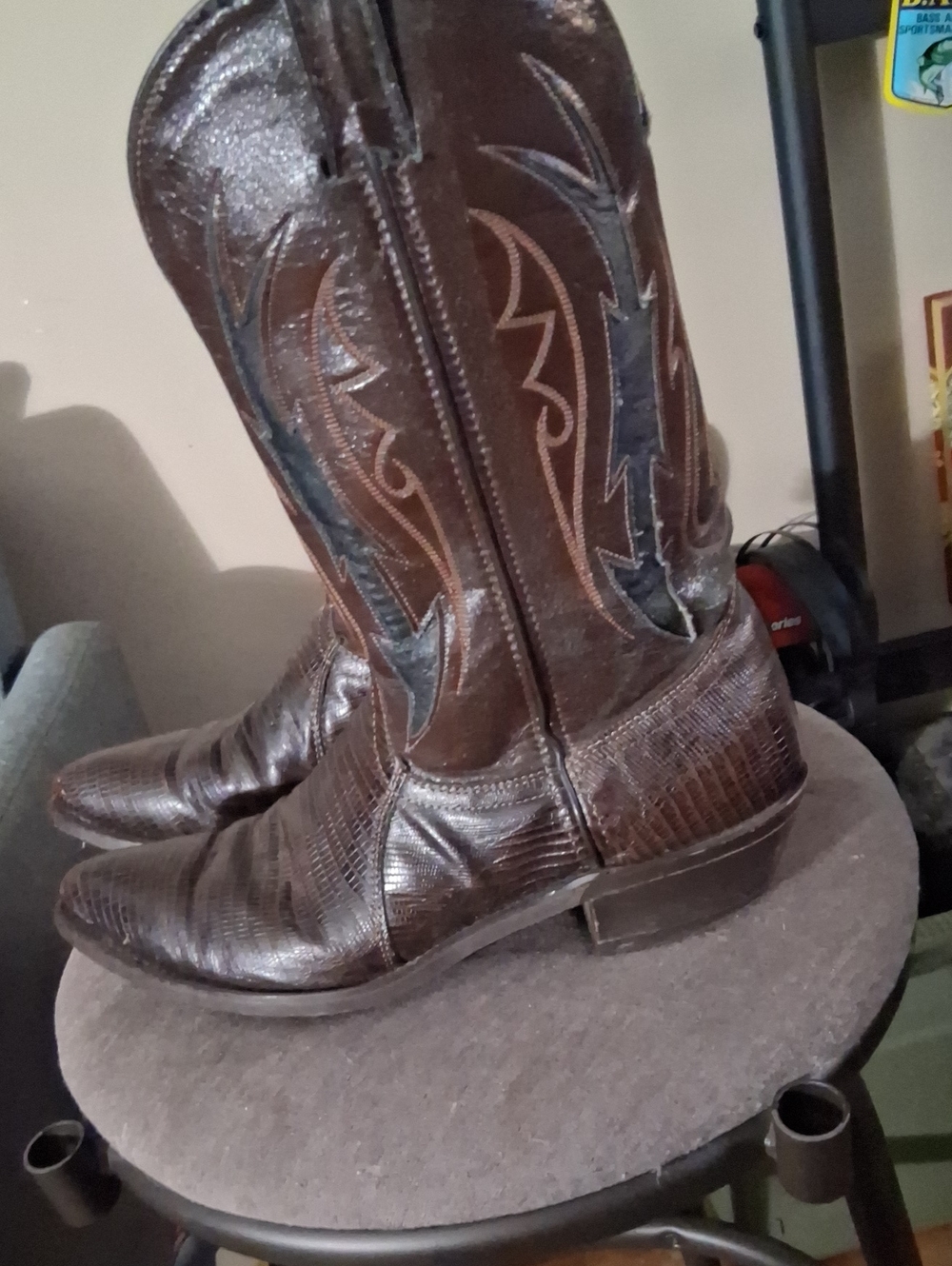 Laredo Dark Brown Embossed Leather Cowboy Boots with Black Stitch Accents